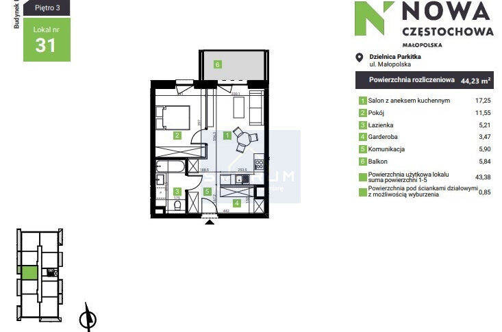 Mieszkanie na Sprzedaż, 44.23m2, Częstochowa-Parkitka - 1